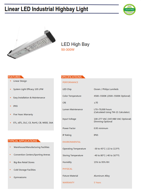 LED Linear Industrial Highbay Light