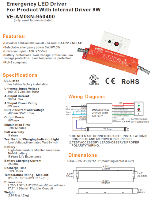 8 Watt LED Emergency LED Driver for use with Internal Driver Fixtures