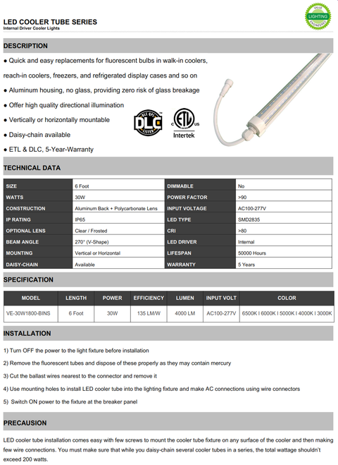 IP65 V-Shape 270° LED Cooler Light 6ft