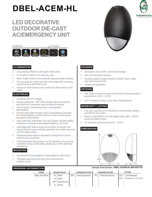 LED Decorative Outdoor Die-Cast AC/Emergency Unit