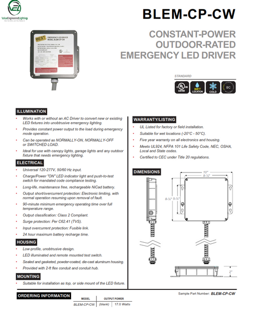 Constant-Power Outdoor-Rated Emergency LED Driver 