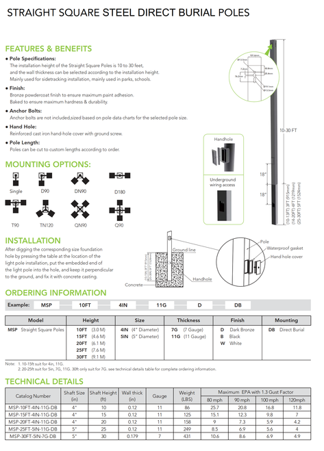 MSP-Straight Square Steel Direct Burial Pole