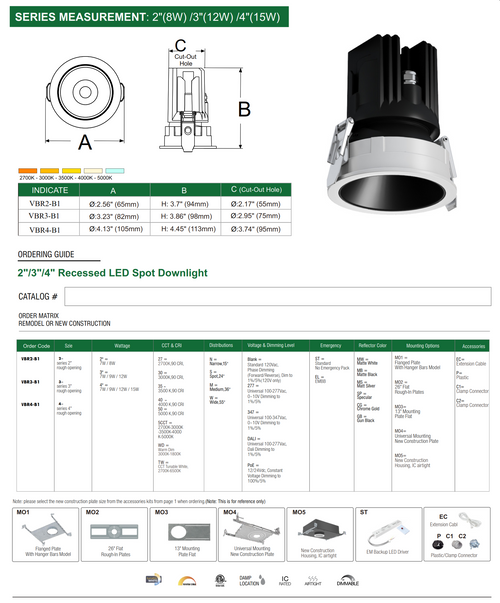 Series VBR-B1 LED Round 2"/3"/4" Recessed LED Spot Downlight