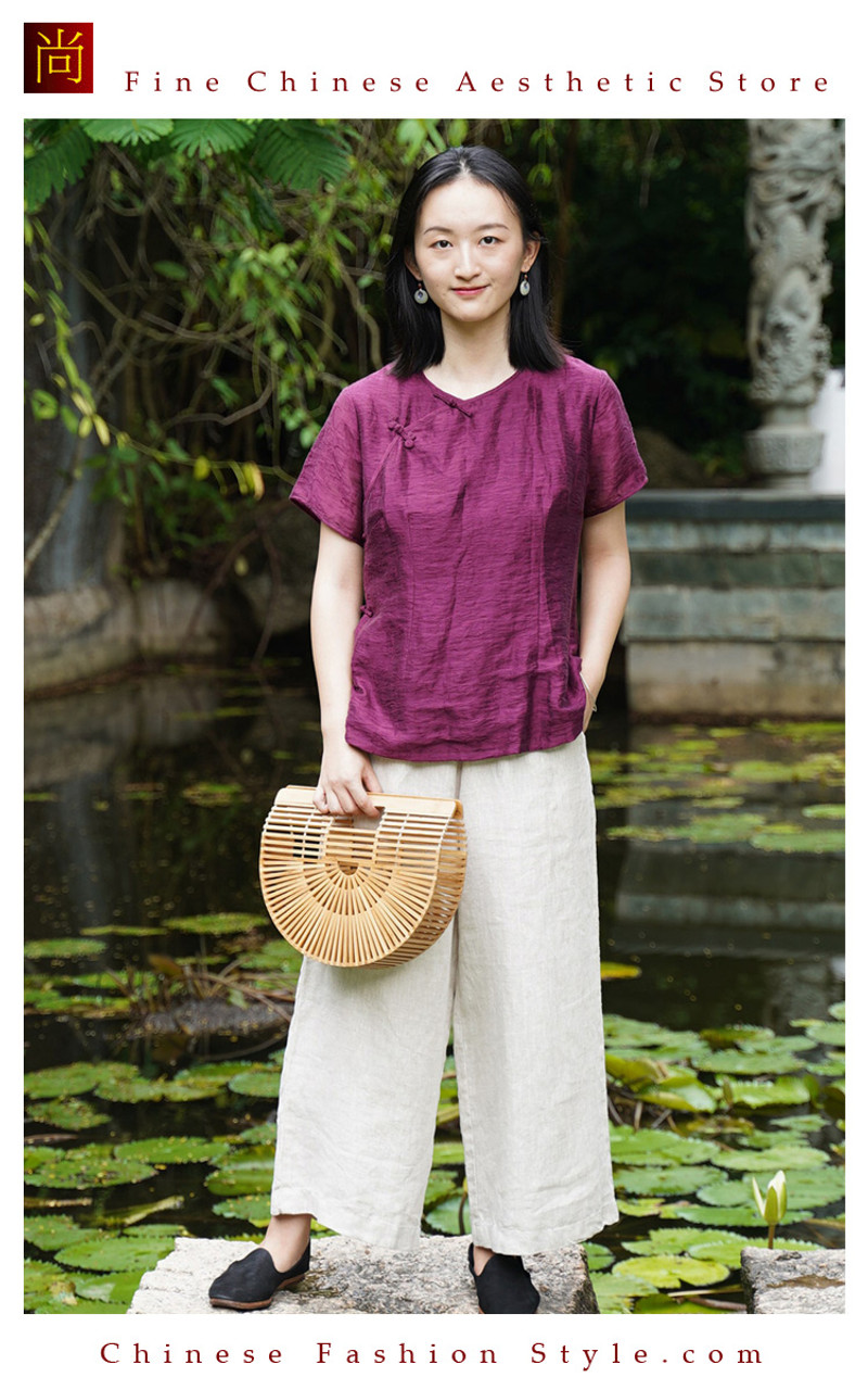 One Piece Only Casual Modern Cheongsam Shirt Mandarin Collar Crop Top for  Women Made from Linen Blend in Purple Handmade 108