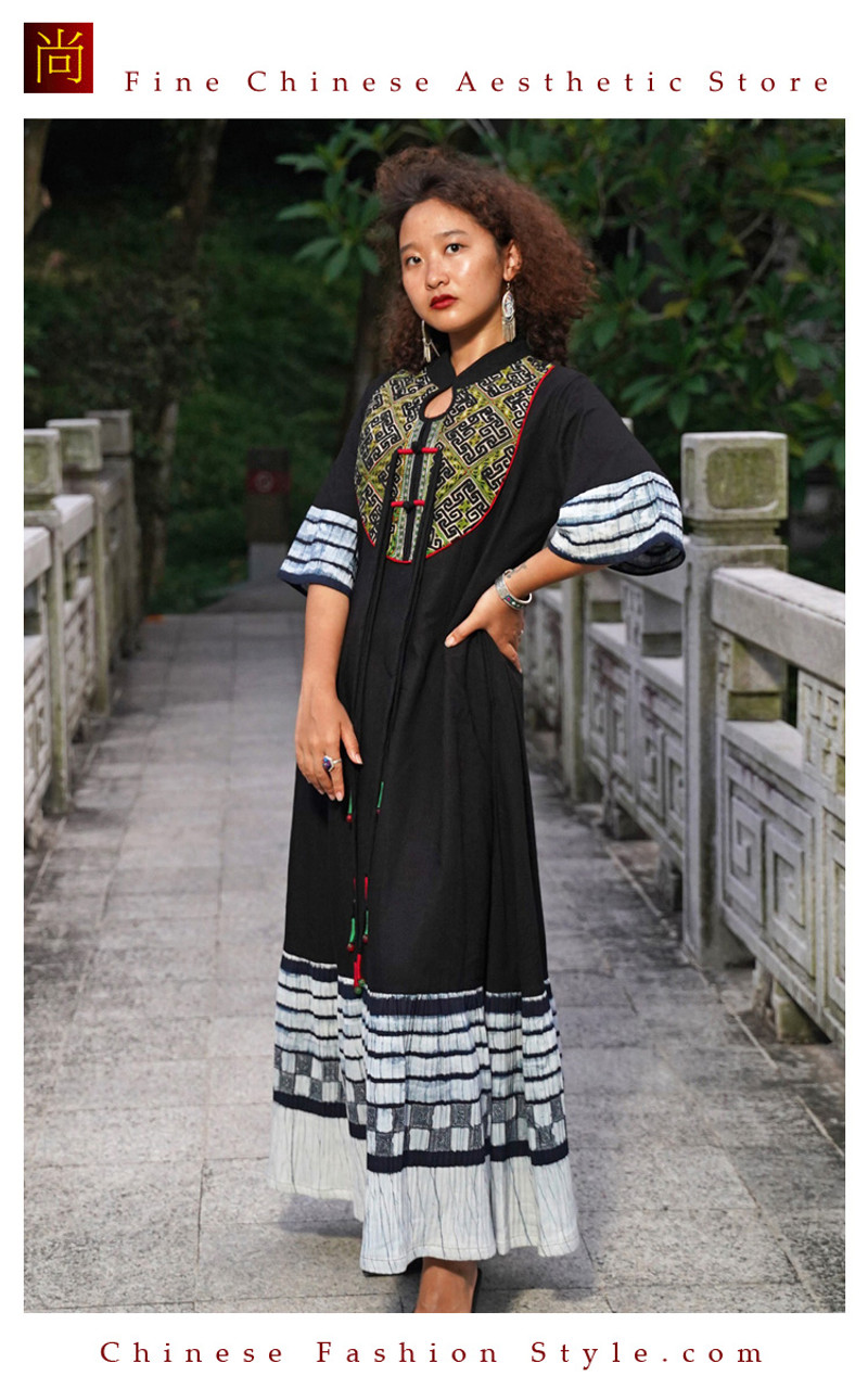 Handmade Tribal Boho Maxi Dress with Pockets for Women Made from Premium  Cotton and Linen in Black Bedecked with Antique Embroidery One Piece Only  111