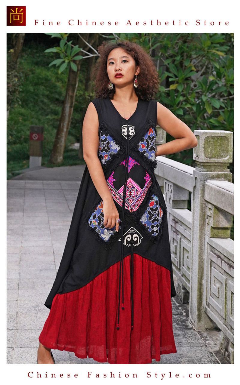 Handmade Tribal Boho Maxi Dress with Pockets for Women Made from Premium  Cotton and Linen in Black Bedecked with Antique Embroidery One Piece Only  113