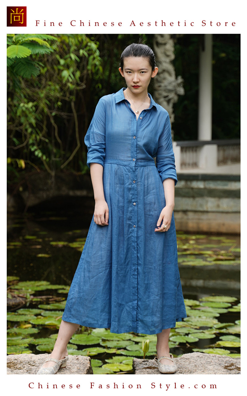 One Piece Only Casual Chic Flowy Maxi Dress for Women with Buttons  Beautifully Hand Painted made from Cotton Linen Blend in Blue 101