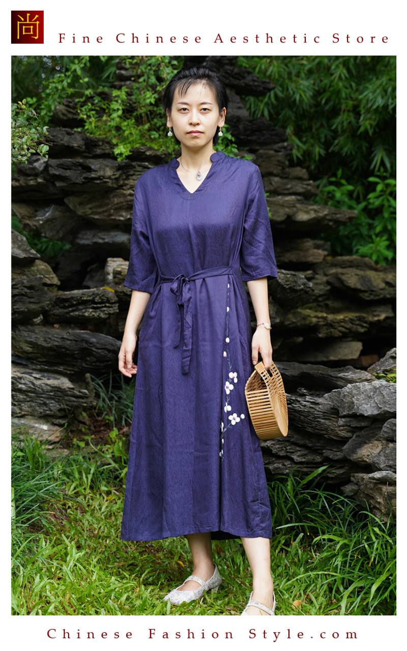 One Piece Only Casual Chic Flowy Maxi Dress for Women with Buttons  Beautifully Hand Painted made from Cotton Linen Blend in Blue 103