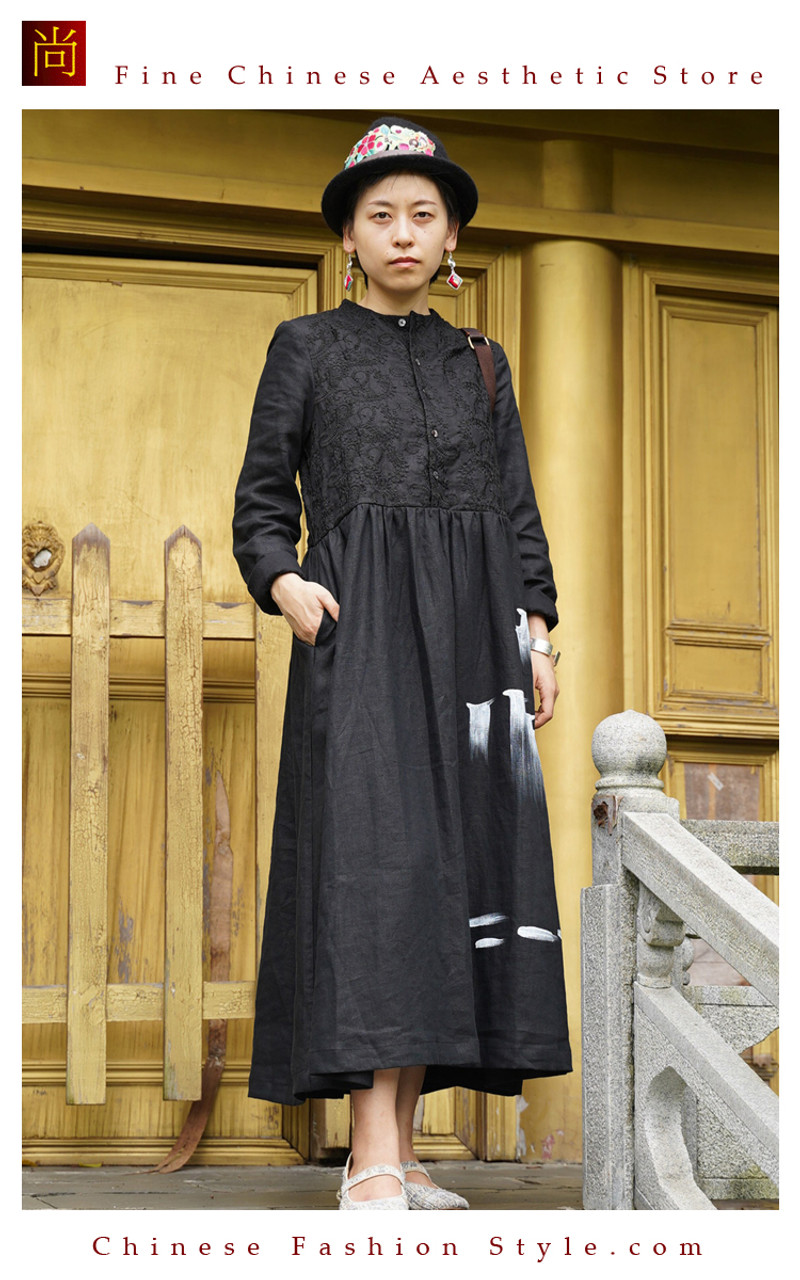 One Piece Only Casual Chic Flowy Maxi Dress for Women with Buttons  Beautifully Hand Painted made from Cotton Linen Blend in Black 104