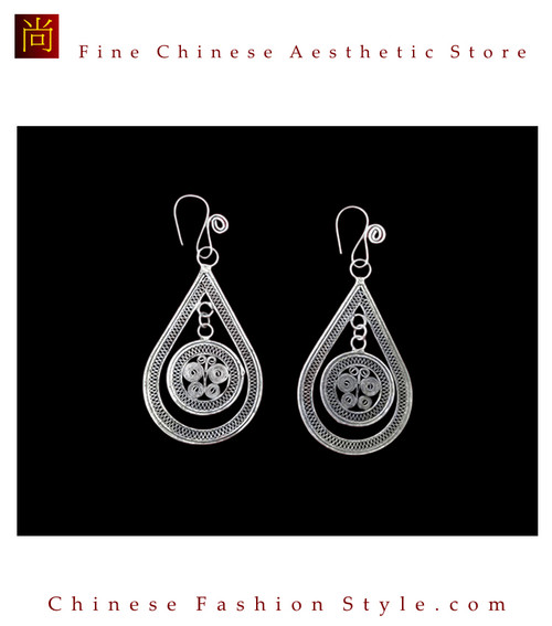 Tribal Silver Earrings Chinese Ethnic Hmong Miao Jewelry #109 Uniquely Handmade