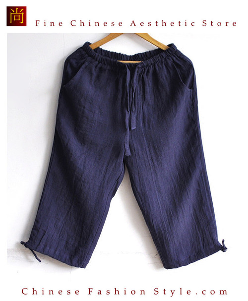 Vintage asian drawstring cotton linen loose shorts