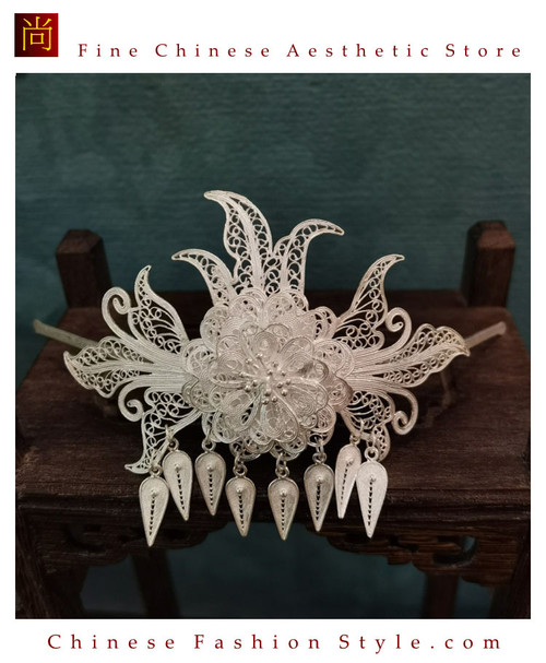 100% Handcrafted Miao Hmong Pure Silver Hairpin 999 Filigree Hair Stick For Women Chinese Flower Vintage Authentic Style - Fair Trade #101