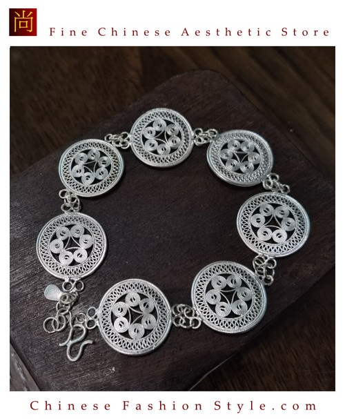100% Handcrafted Miao Hmong Pure Silver Chain Bracelet 999 Filigree Charm For Women Daisy Chain Design Vintage Authentic Style - Fair Trade #104