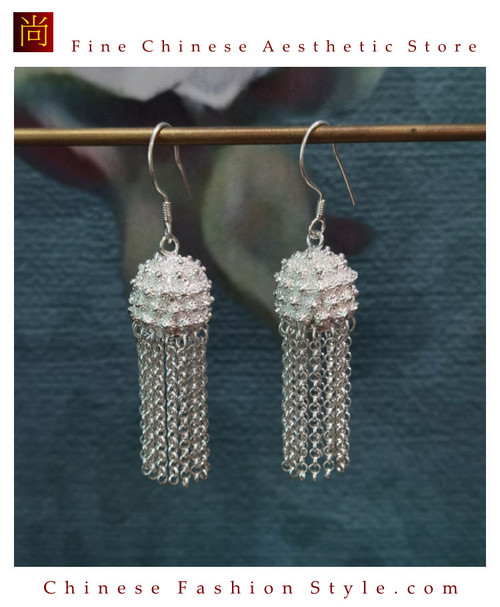 100% Handcrafted Miao Hmong Pure Silver Earrings 999 Filigree Dangle Long Drop Tassel Flower Design Bohemian Vintage Ethnic Style - Fair Trade #105