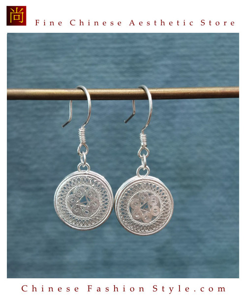 100% Handcrafted Miao Hmong Pure Silver Earrings 999 Filigree Dangle Long Drop Tassel Flower Design Bohemian Vintage Ethnic Style - Fair Trade #106