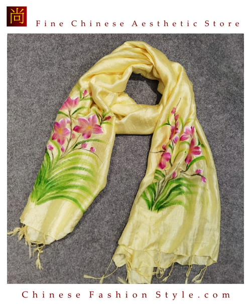 Handcrafted Vietnam Handpainted Silk Scarves 100% Real Mulberry Silk Lightweight Oblong Neckerchief For Women Floral Green and Yellow Design#101