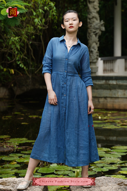 One Piece Only Casual Chic Flowy Maxi Dress for Women with Buttons  Beautifully Hand Painted made from Cotton Linen Blend in Blue 101