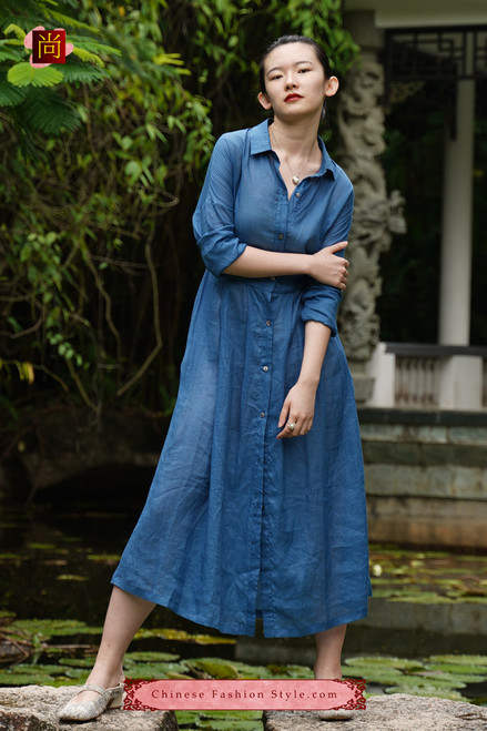 One Piece Only Casual Chic Flowy Maxi Dress for Women with Buttons  Beautifully Hand Painted made from Cotton Linen Blend in Blue 101