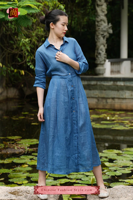 One Piece Only Casual Chic Flowy Maxi Dress for Women with Buttons  Beautifully Hand Painted made from Cotton Linen Blend in Blue 101