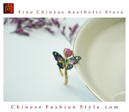 100% Hand Painted Art Butterfly Adjustable Ring Elegant Artistic Style - Original Design #103