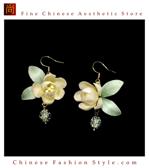 Silk Velvet White Jasmine Drop Earrings Ronghua Style Handmade #102