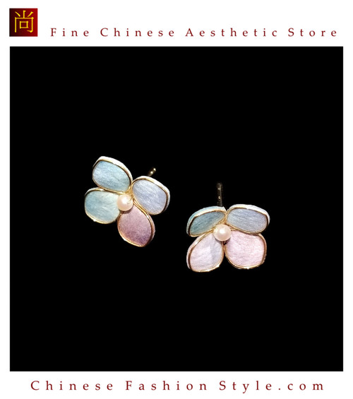 Silk Velvet Pink Floral Stud Earrings Ronghua Style Handmade #103