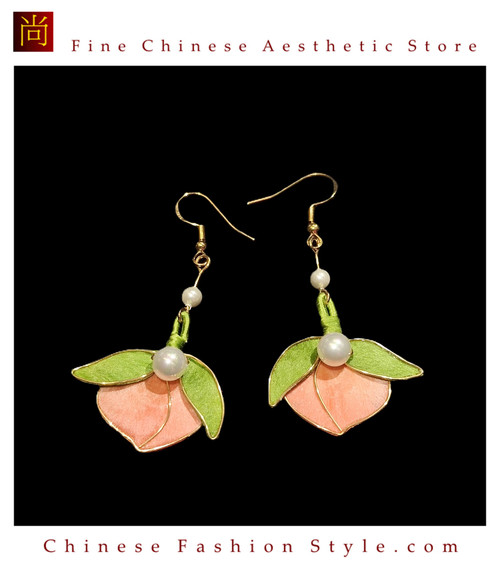 Silk Velvet Pink Peach Drop Earrings Ronghua Style Handmade #105