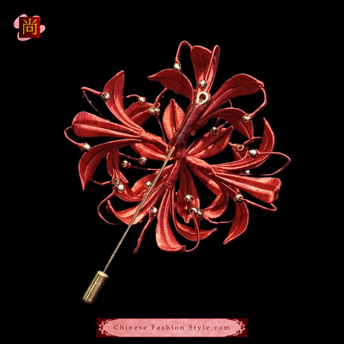 Elegant Red Spider Lily Thread Art Brooch Hand Coiled Chan Hua Style Handmade #105