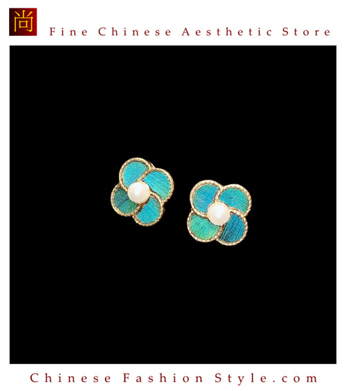 Peacock Feather Dian Cui Style Four-Petal Flower Ear Studs Handmade Heritage Art Jewelry #104