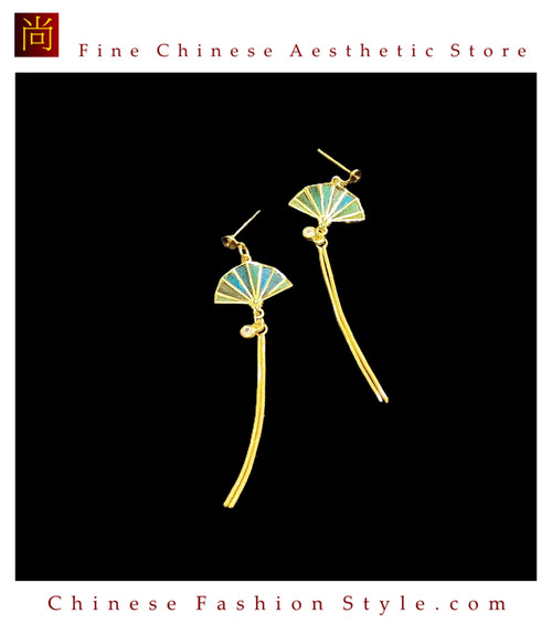 Peacock Feather Dian Cui Style Fan Ear Studs Handmade Heritage Art Jewelry #109