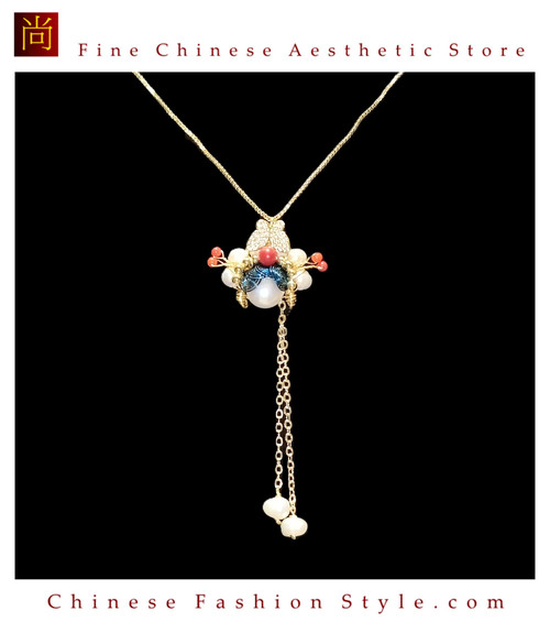 Warrior Muse Peking Opera Necklace Handwoven with Freshwater Pearls #102