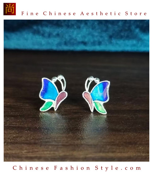 100% Handcrafted Miao Hmong Pure Silver Earrings 999 Filigree Enamel For Women Colourful Dragonfly Design Boho Ethnic Style - Fair Trade #107