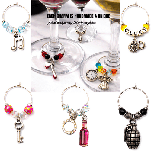 Murder mystery wine glass stem charms. 