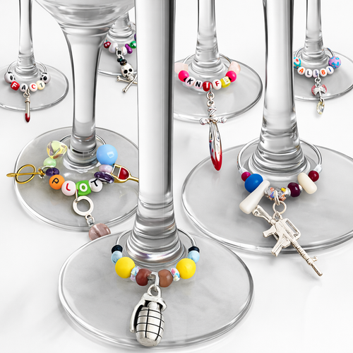 Handmade Murder mystery wine glass stem charms. 