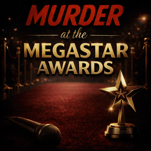 Murder at the MegaStar Awards boxed murder mystery party game.
