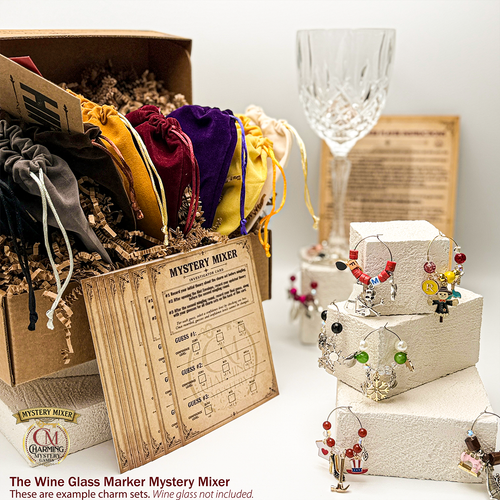 Example materials for the Mystery Mixer wine charm marker version.