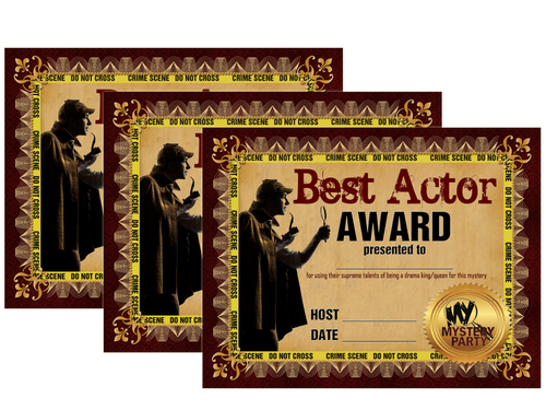 Three printed positive mystery party award certificates