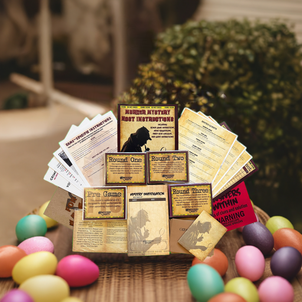 Example of a boxed kit for the Easter mystery party game