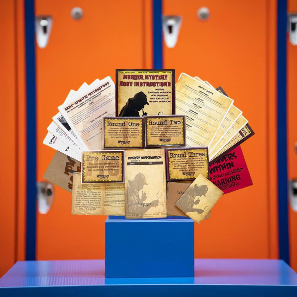 Example of a my mystery party boxed kit. The football game is non-murder and will not have a victim sign or forensic report. 