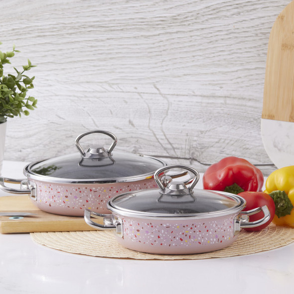 KARACA ENAMEL TERAZZO PINK 2 PIECE SHALLOW PAN SET