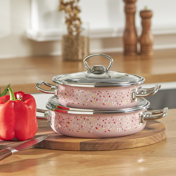 KARACA ENAMEL TERAZZO PINK 2 PIECE SHALLOW PAN SET