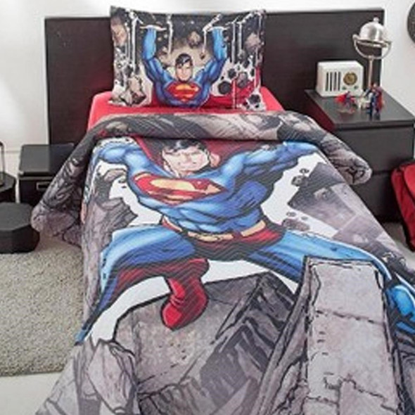 QUILTED DUVET COVER SET SINGLE GRAY SUPERMAN SATEENONE