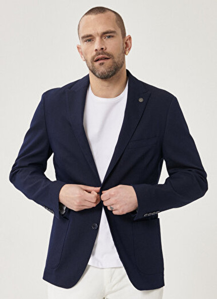 SLIM FIT JACKET PATTERNED NAVY BLUE