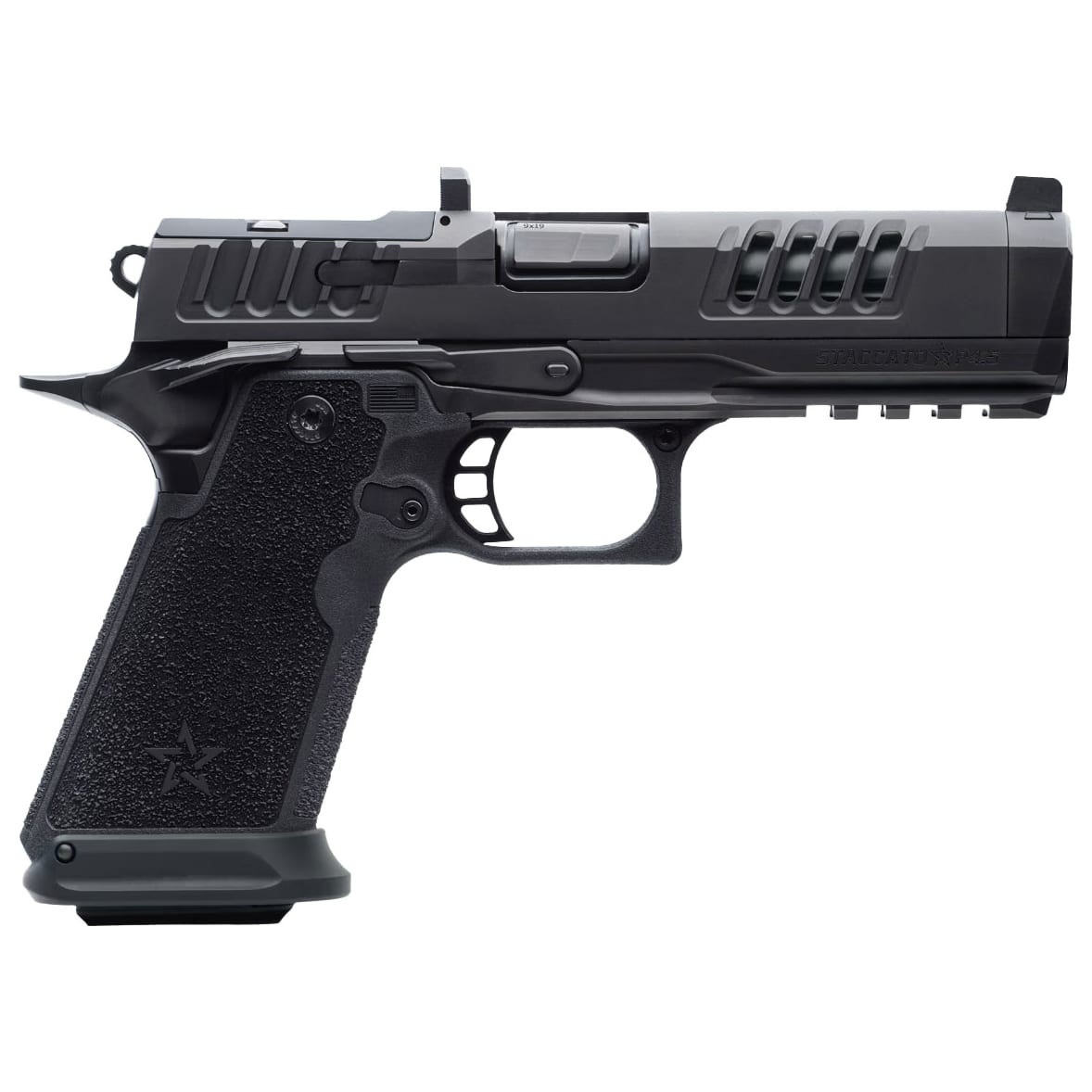 Staccato Premium HD P4.5 9mm DLC Barrel Trijicon Night Sight DLC/DLC Finish 4x Mags w/X-Series Serrations (Magwell) 20-2300-000106-01