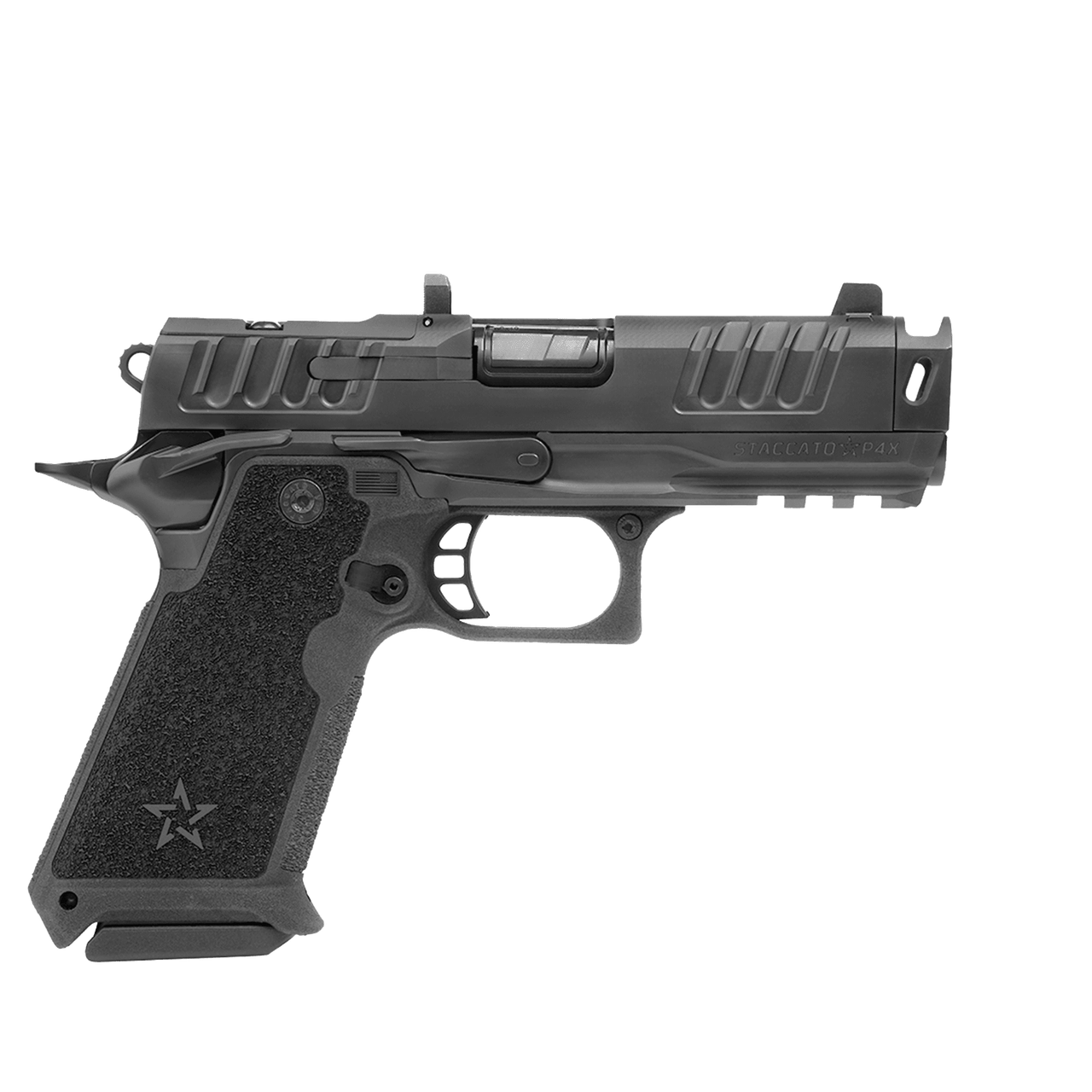 Staccato Preferred HD P4X 9mm 4\" DLC Flush Fit Comp Bbl Trijicon Night Sight DLC Steel Black Pistol w/(3) 18rd Mags & Magwell 20-2700-000106