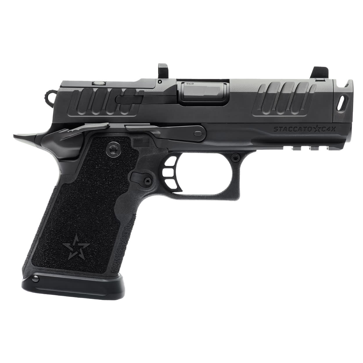 Staccato Preferred C4X 9x19mm 4\" DLC Comp Bbl Trijicon Tritium Night Sight Magwell 15+1 Pistol w/(3) 15rd Steel Mags 20-2701-000107