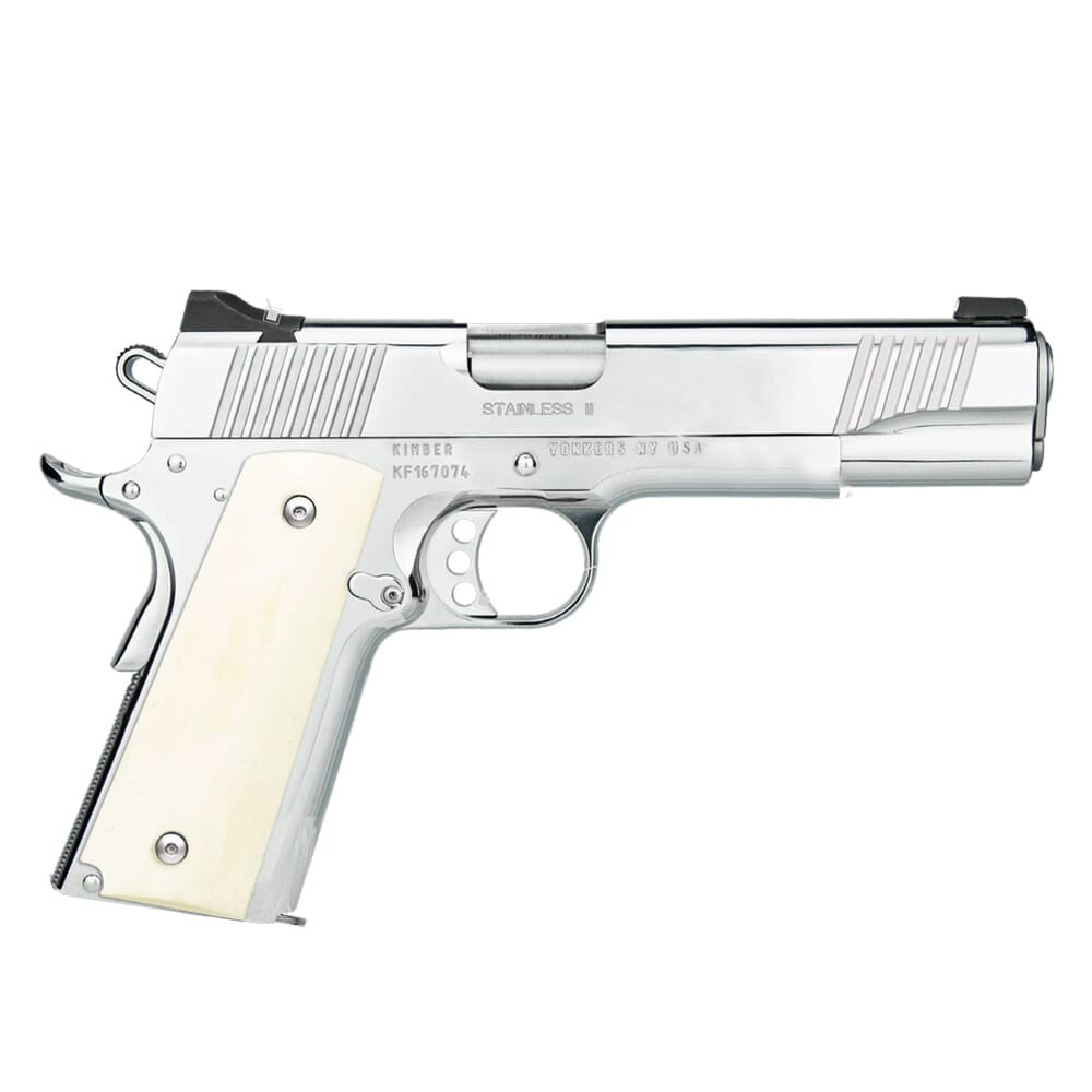 Kimber 1911 Stainless II, HP .38 Super Auto 5" Bbl Pistol w/Front & Rear White Dot Sights, Ivory Grips, 3-Hole Silver Trigger,1x9rd Magazine 3200397