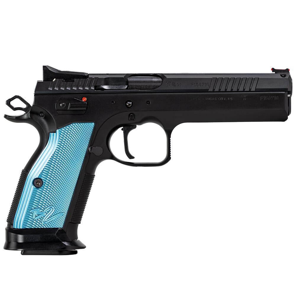 CZ-USA TS 2 .40 S&W 5.3" Bbl 17rd Blk Handgun w/Polycoat Steel, FO Front/Fixed Rear, Blue Alum Grips 91222