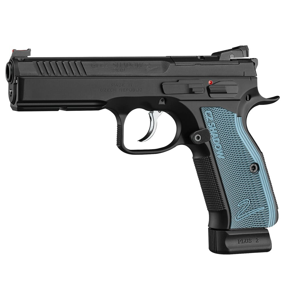 CZ-USA Shadow 2 Optics-Ready 9mm 4" Bbl 19rd Blk Handgun w/Polycoat Steel, FO Front/Blk Serrated Height Adj Only Rear, Blue Alum Grips 91251