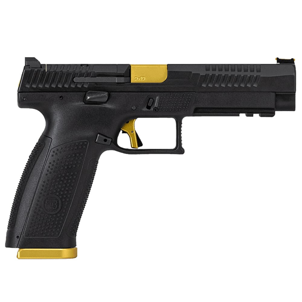 CZ-USA P-10 F Competition-Ready 9mm 4.5" Bbl 19rd Optics-Ready Handgun w/Long Slide, Gold Anodized Parts, Slide Cuts, FO Front/Serrated Rear 95180